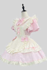 ピンク/ホワイト ショートスリーブ フリル ボウノット レース プラスサイズ スイートメイド ショート ロリータ ドレス